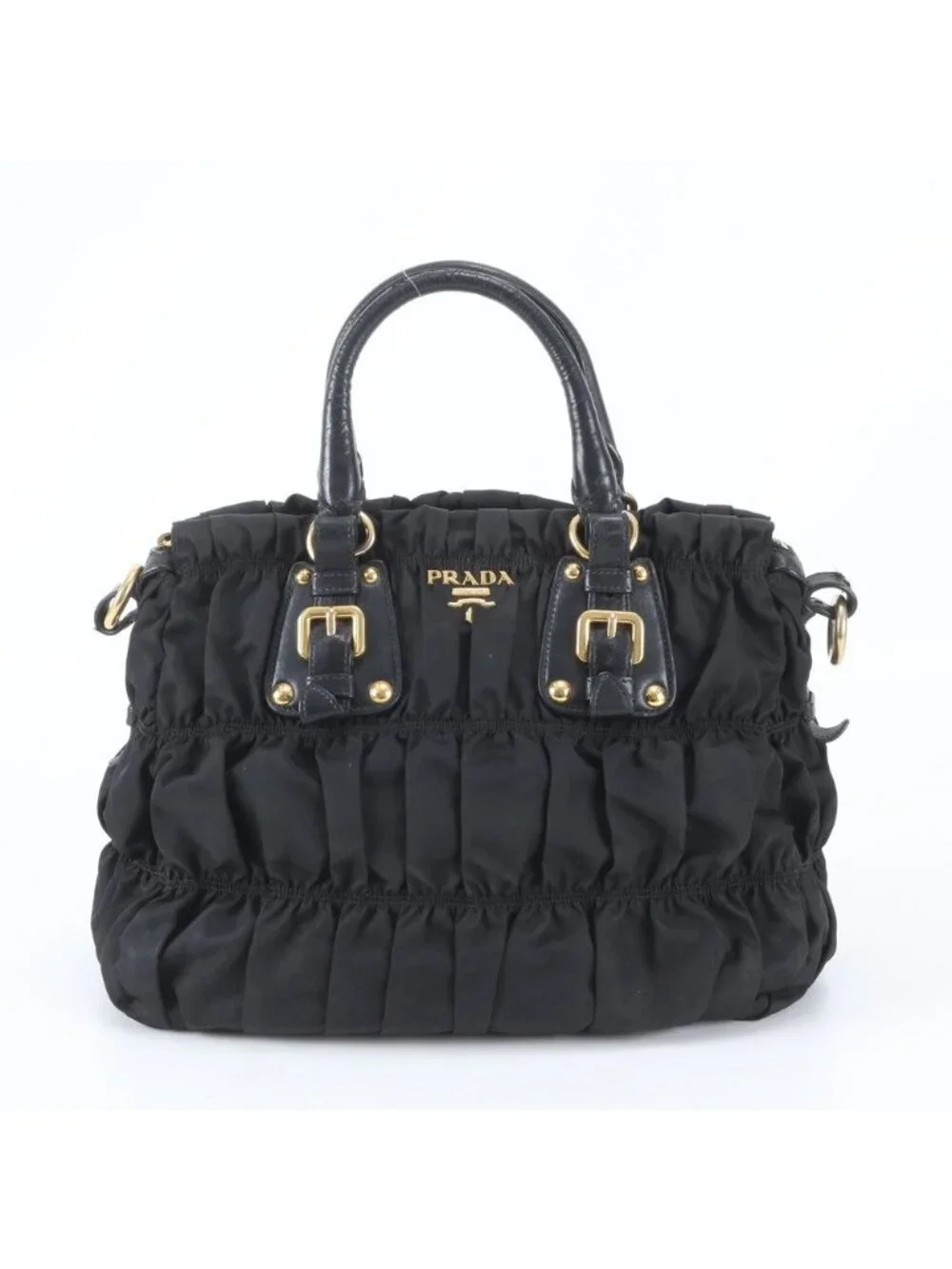 Prada Tessuto Nylon Gathered Leather Tote Shoulder Hand Black